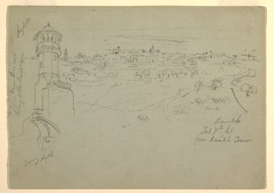 Tegning, tårnet ved Lydda og Ramleh set fra Ramleh-tårnet, Palæstina [Ramleh, Israel], 7. og 10. februar 1868 af Frederic Edwin Church