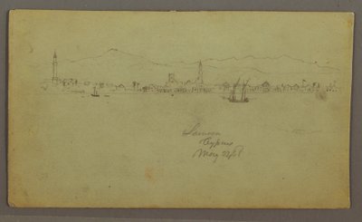 Tegning, By ved kysten, bjergkæde bagved, 27. maj 1868 af Frederic Edwin Church