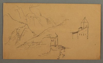 Tegning, To kirker, dal, vandfald, 1868 af Frederic Edwin Church