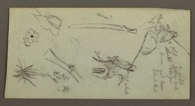 Tegning, To figurer ridende på heste, bærende spyd, sværd, nederste del af en pistol, etc., muligvis 1868 af Frederic Edwin Church