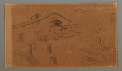 Tegning, To huse, klippe, muligvis 1868 af Frederic Edwin Church