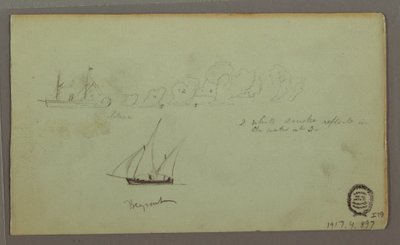 Tegning, To studier af fiskere med stænger og fakler, april 1868 af Frederic Edwin Church