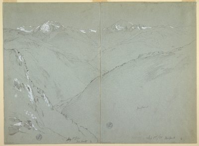 Tegning, dallandskab med sneklædte toppe, Berner Alperne, Schweiz, del 1, 1. september 1868 af Frederic Edwin Church