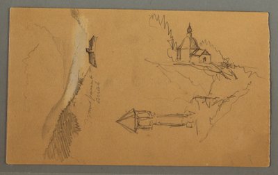 Tegning, Dal, Tårn, Kirke, muligvis 1868 af Frederic Edwin Church