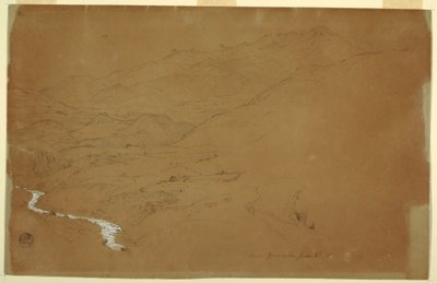 Tegning, Dal med vandløb og huse, nær Guaranda, Ecuador, 4. juni 1857 af Frederic Edwin Church