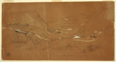 Tegning, dal med bro og huse, nær Guaranda, Ecuador, 5. juni 1857 af Frederic Edwin Church