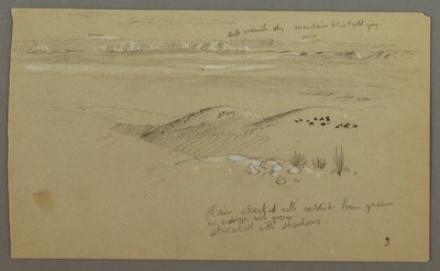 Tegning, Udsigt over bakkerne og sletten mod bjergene, El Yemen-dalen, februar 1868 af Frederic Edwin Church