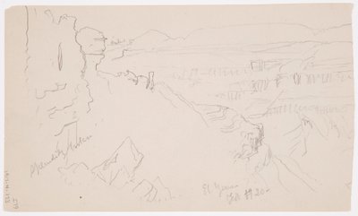 Tegning, Udsigt over bakkerne og sletten mod bjergene, El Yemen-dalen, februar 1868 af Frederic Edwin Church