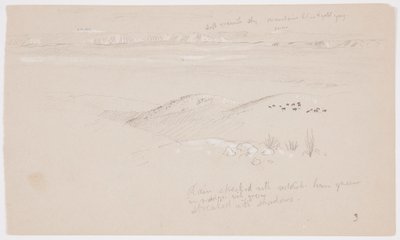 Tegning, Udsigt over bakkerne og sletten mod bjergene, El Yemen-dalen, februar 1868 af Frederic Edwin Church