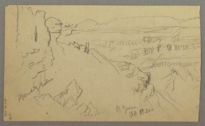 Tegning, Udsigt over bakkerne og sletten mod bjergene, El Yemen-dalen, februar 1868 af Frederic Edwin Church