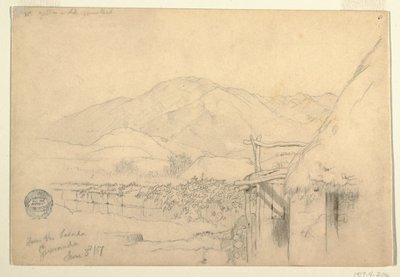 Tegning, udsigt fra kroen i Guaranda, Ecuador, 3. juni 1857 af Frederic Edwin Church