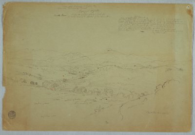 Tegning, Udsigt nær Popayan med vulkanen Mount Purese, Cauca-floden, Colombia, 8. august 1853 af Frederic Edwin Church
