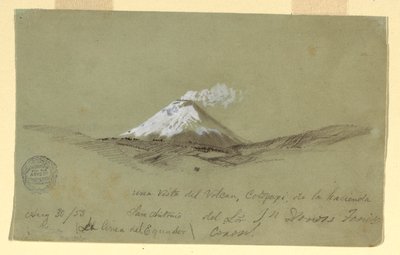Tegning, Udsigt over Cotapaxi fra Hacienda San Antonio, Ecuador, 30. august 1853 af Frederic Edwin Church