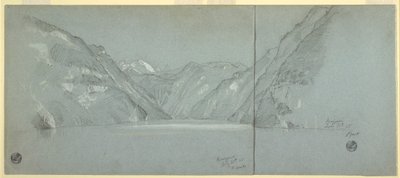 Tegning, Udsigt over Konigssee med Falkenstein, nær Berchtesgaden, Bayern, Tyskland, del 2, 11. juli 1868 af Frederic Edwin Church
