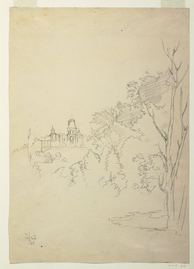 Tegning, Udsigt over Olana, kunstnerens hjem, Hudson, New York, ca. 1872 af Frederic Edwin Church