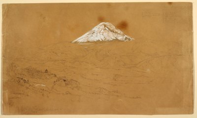 Tegning, udsigt over det snedækkede bjerg Chimborazo tegnet nær Guanojo og Guaranda, Ecuador, 12. juni 1857 af Frederic Edwin Church