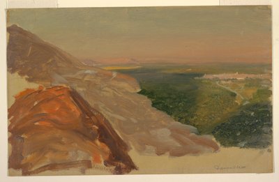 Tegning, Udsigt over en slette med Damaskus, Syrien, fra bjergene, maj 1868 af Frederic Edwin Church