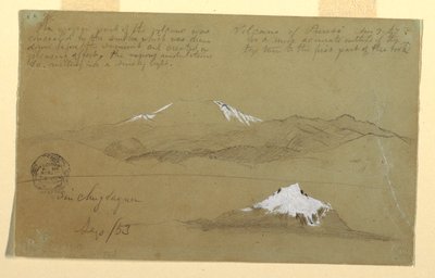 Tegning, Udsigt over Puresé-vulkanen, Colombia og Sincholagua-bjerget, Ecuador, 9. august og september 1853 af Frederic Edwin Church
