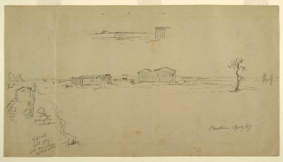 Tegning, Udsigt over basilikaen og Neptun-templet, Paestum, Italien, april 1869 af Frederic Edwin Church