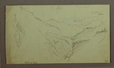 Tegning, Landsby og stejl bjergdal (Alperne), 1868-69 af Frederic Edwin Church