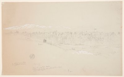 Tegning, landsbyen Kuseiyeh, Libanon-bjerget i det fjerne, maj 1868 af Frederic Edwin Church
