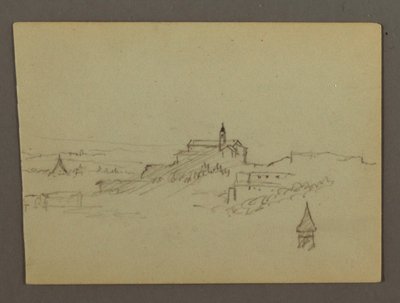 Tegning, Landsby på bakketop, muligvis 1868-69 af Frederic Edwin Church