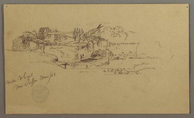 Tegning, Vandhjul med et bassin i en have, Jaffa, Palæstina [Tel Aviv, Israel], marts 1868 af Frederic Edwin Church