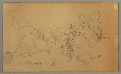 Tegning, snoet flod i en skovklædt dal, Vermont, oktober 1865 af Frederic Edwin Church