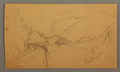 Tegning, snoet vej gennem dal, hus, muligvis 1868 af Frederic Edwin Church