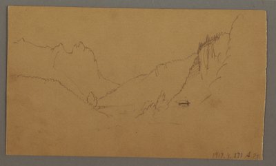 Tegning, snoet vej gennem dal, hus, muligvis 1868 af Frederic Edwin Church