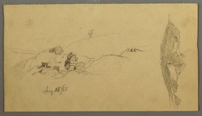 Tegning, kvinder vasker sig ved et trug, bjerge, 28. august 1868 af Frederic Edwin Church