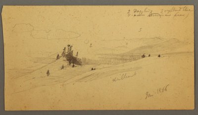 Tegning, skovklædt bakketop, bakket dal, sol, januar 1866 af Frederic Edwin Church