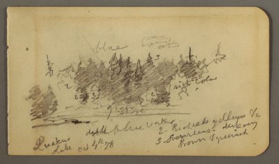 Tegning, skovklædt bred, 1878 af Frederic Edwin Church