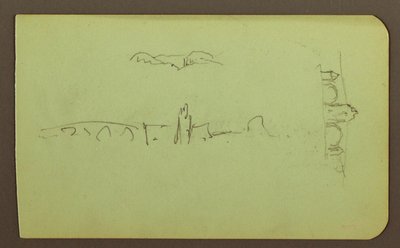 Tegning, bakker, kirke, bro; Bagside: figur, kors, kirke, 1883 af Frederic Edwin Church