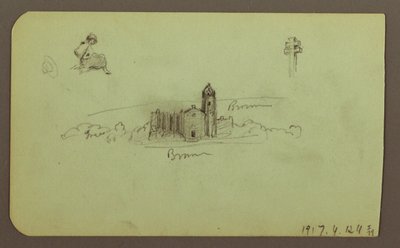 Tegning, bakker, kirke, bro; Bagside: figur, kors, kirke, 1883 af Frederic Edwin Church