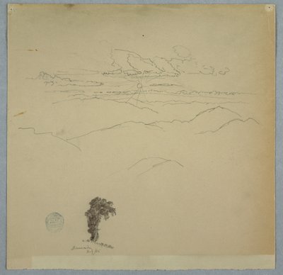 Bjergrige landskaber med solnedgang og træ, Jamaica, juli 1865 af Frederic Edwin Church