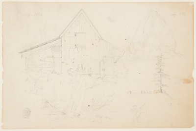 Skitse af en lade og høstak af Frederic Edwin Church
