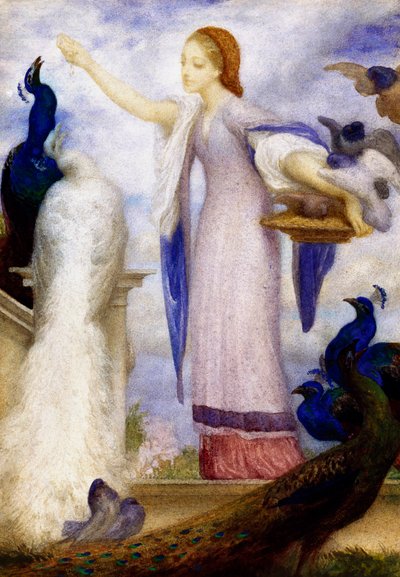 "Jene fille nourrissant les paons" Hun er klædt i antik stil. Maleri af Lord Frederic Leighton (1830-1896) (prerafaelit) af Frederic Leighton
