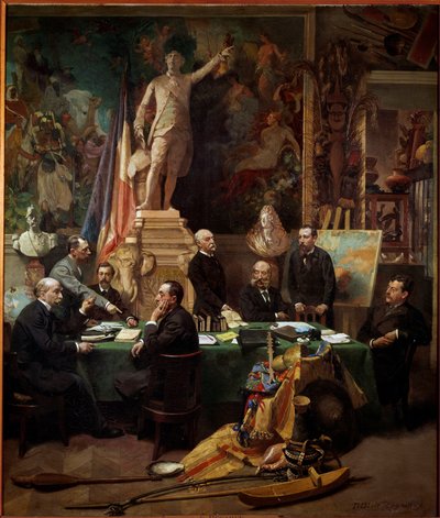 Koloniernes delegerede i november 1892 Fra venstre mod højre: Chesse (Tahiti), Mager (Diego Suares), Dussac (Nossy-Be), de Faymoreau (Mayotte), Jules Ferry (Annam og Tonkin), Soller (Fransk Guinee) , Cudenet (Ny Kaledonien). maleri af Frederic Regam af Frederic Regamey