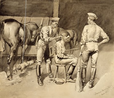 A Haircut in a Cavalry Stald, ca. 1893 (wc på papir) af Frederic Remington