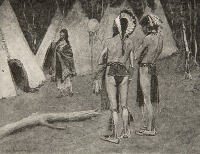 Og hendes elskere, de afviste,... Smukke mænd med maling og fjer, fra The Song of Hiawatha af Henry Wadsworth Longfellow (1807-82), pub. af George G. Harrap und Company Ltd., 1911 af Frederic Remington