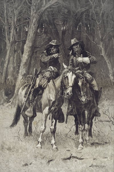 Cheyenne-spejdere patruljerer i det store skovområde i North Canadian, Oklahoma af Frederic Remington