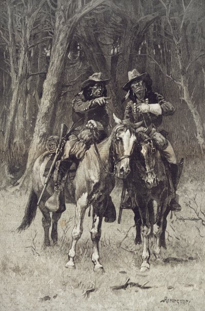 Cheyenne-spejdere, der patruljerer Big Timber of the North Canadian, Oklahoma, 6. april af Frederic Remington
