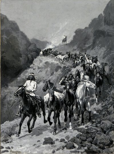 Geronimo og hans band vender tilbage fra et raid til Mexico (olie på lærred) af Frederic Remington