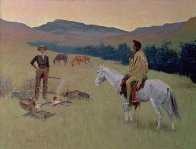 The Conversation, eller Dubious Company (olie på lærred) af Frederic Remington