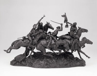 De gamle dragoner fra 1850, modelleret 1905, støbt 1905-09 (bronze med sort patina) af Frederic Remington