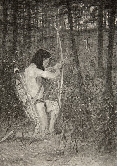 Derefter rettede Hiawatha efter et oprør på et knæ en pil fra The Song of Hiawatha af Henry Wadsworth Longfellow (1807-82), pub. af George G. Harrap und Company Ltd., 1911 af Frederic Remington