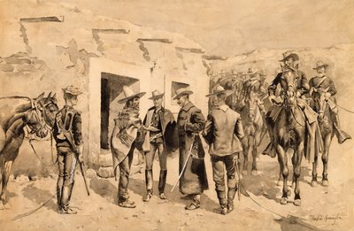 Amerikansk kavaleri på jagt efter Garza-mænd ved Rio Grande, ca.1892 (wc på papir) af Frederic Remington