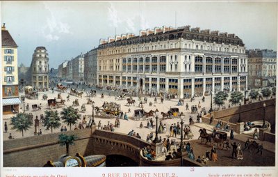 Udvendig udsigt over La Belle Jardiniere, rue du pont neuf i Paris i det 19. århundrede. Gravering af Frederic Sorrieu (1807 -? ) af Frederic Sorrieu