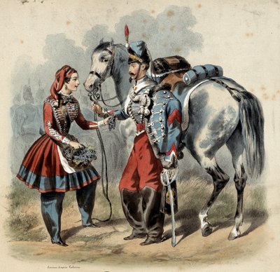 Den franske hær og dens cantinieres: Hussard og cantiniere de troupe de line. Gravering af Frederic Sorrieu (1807 -? ) af Frederic Sorrieu
